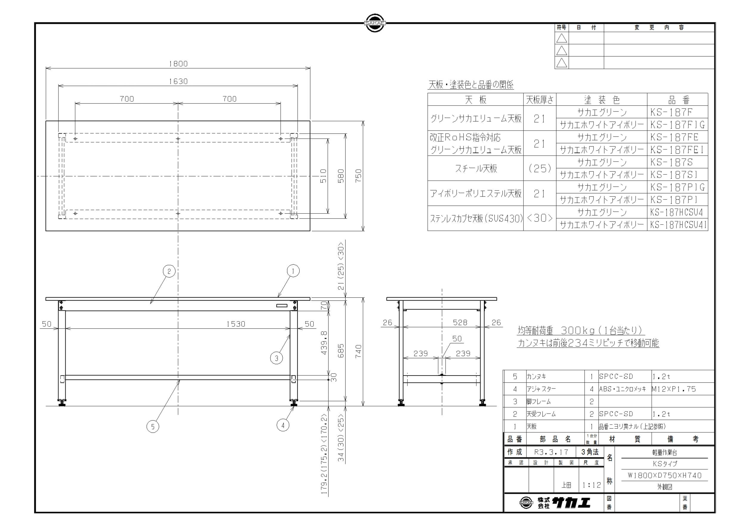 【固定式】【サカエ】軽量作業台KSタイプ KS-187F 幅W1800×奥行D750×高さH740(mm)/...