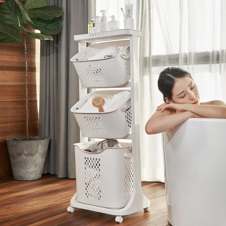 ランドリーバスケット 3段 キャスター スリム 大容量 天板付き 洗濯かご メッシュ 斜め ランドリーワゴン ランドス 縦型 洗面所 脱衣所 [2]