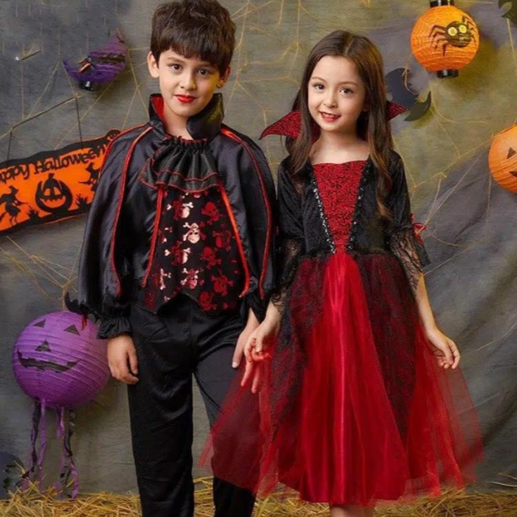 ハロウィン コスプレ 衣装 子供服 吸血鬼 ワンピース バンパイア ドラキュラ コスチューム ケープ風 女の子 男の子 ジュニア 悪魔 Halloween パーティー 仮装用 おばけ イベント 演出服 学園祭 文化祭 送料無料