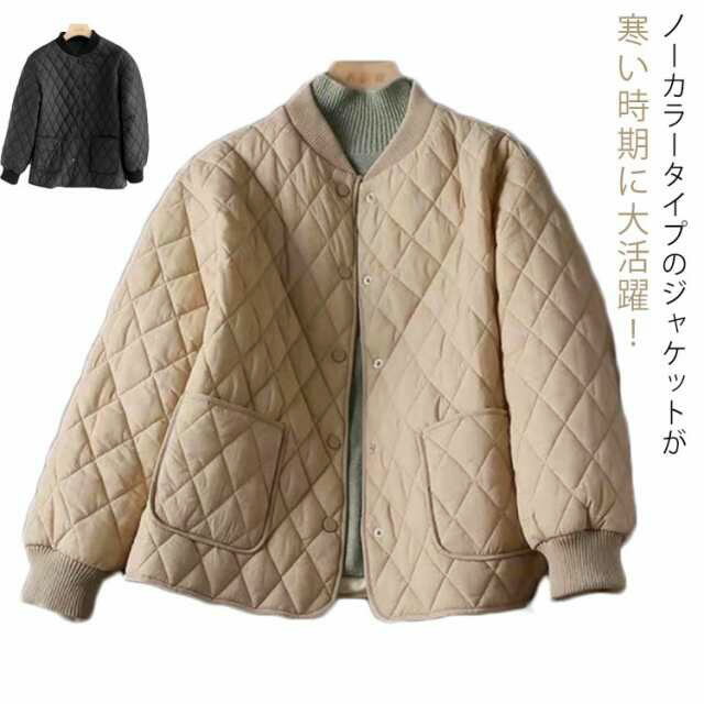 樂天商城 - キルティングジャケット レディース ノーカラー キルティング アウター 中綿ジャケット 軽量 ショート丈 長袖 秋冬 大きいサイズ お洒落 防寒 厚手 ポケット付き 暖かい 送料無料