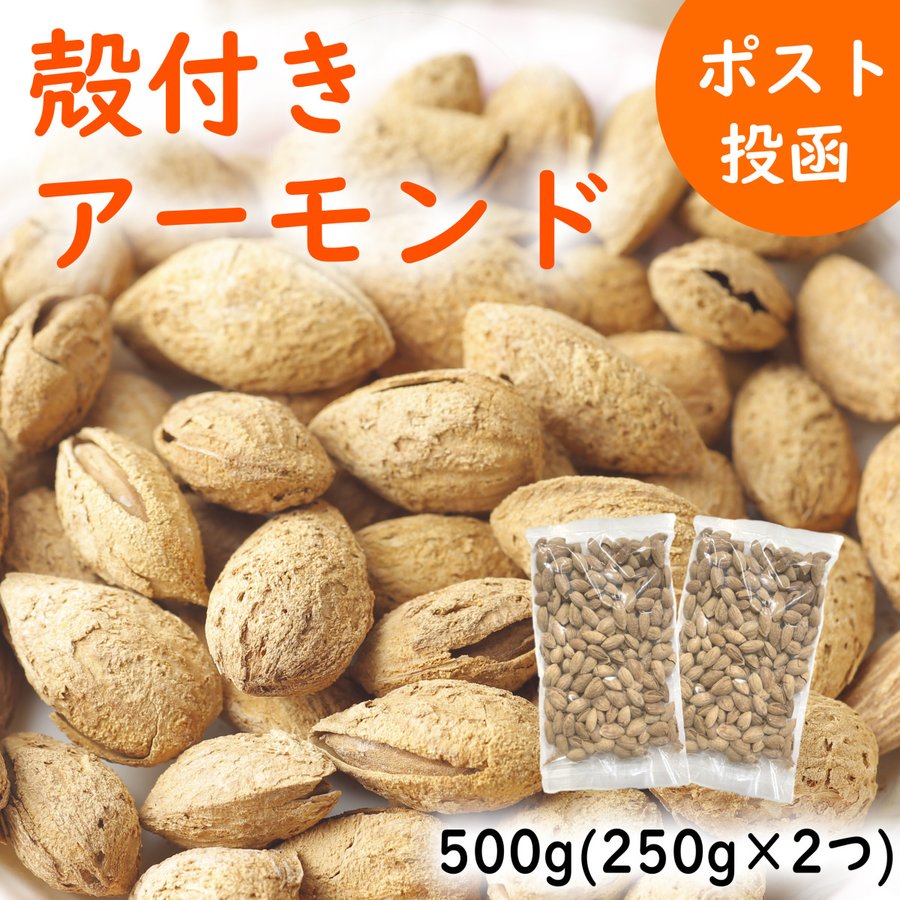 アーモンド　殻付き　500g(250g×2)　ビタミンEを豊富に含んだ自然食品　ほんのり塩味が絶妙で本来の甘味が際立つ逸品