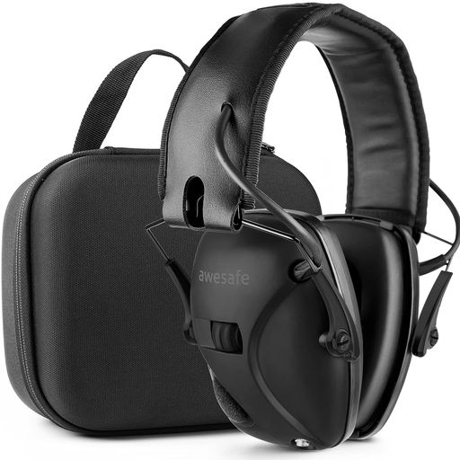 [AWESAFE] 電子防音イヤーマフ 遮音ヘッドホン NRR 24 伸縮調整可能 調整ノブ 聴覚保護 [ハードトラベルストレージキャリングケースバッグ付き、黒色] (大きい箱ブラック) 1