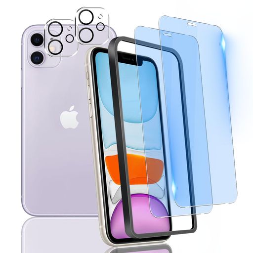 対応 IPHONE 11 ガラスフィルム ブルーライトカット IPHONE11 フイルム (2枚入り)+レンズ保護(2枚入り)+ガイド枠 【 国産旭硝子素材 - 高 品質】 アイホン11 強化ガラス ブルーライトカット アイフォン11 全面保護 液晶