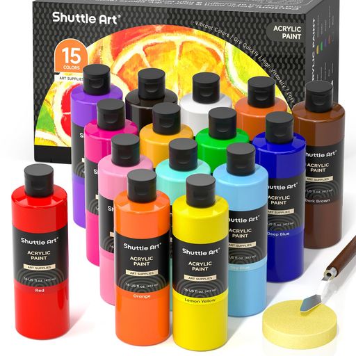Shuttle Art 아크릴 페인트 15색 473ml 대용량 페인트 세트 나이프 스폰지 부착 속건 내수 내구 성장이 좋은 선명한 병 캔버스/돌/목재/세라믹/벽에 그릴 수 있는 화재 미술 용품 ​​일러스트...