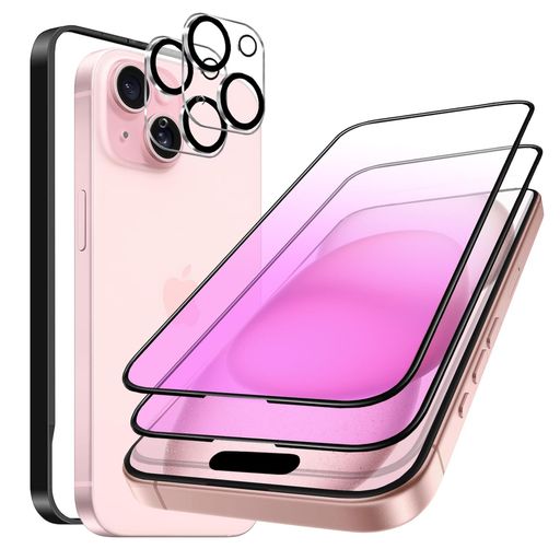 DZHFU ガラスフィルム ブルーライトカット iPhone 15 用 目に優しい 全面保護フィルム2枚+レンズフィルム2枚 ガイド枠付き