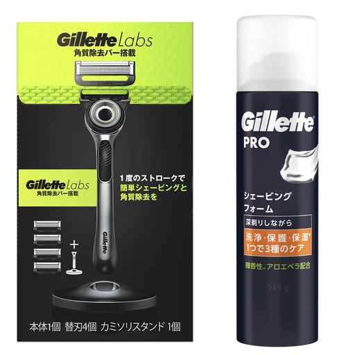 ジレットカミソリ髭剃り角質除去スタンド付本体フォーム付替刃4個ラボ