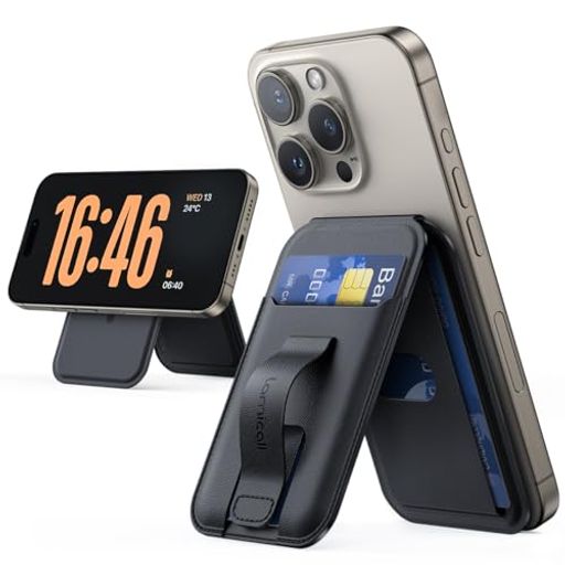 MAGSAFE対応 スマホスタンド 卓上 カード ケース LAMICALL : 3枚収納 マグセーフ ウォレット スタンド 財布 スマホ マグネット ホルダー ICカード カード入れ 縦 横 角度 調整 フィンガーループ付き 落下防止 ヴィーガンレザー