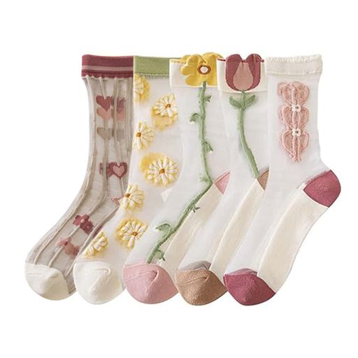 [JUNEROSE] 靴下 レディース 四季用 5足組 かわいい 花柄 防臭 吸汗 綿 中厚手ソックス 通気 靴下 おしゃれ レディースクルーソックス 女性用 22-25CM Y