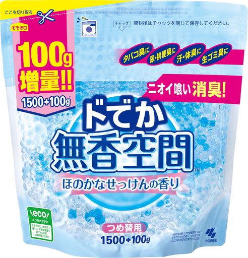 ●「無香空間(TM)ほのかなせっけんの香り」は、ほのかに香りが漂う微香タイプの消臭剤です。●各種の消臭作用を持つアミノ酸系消臭成分を配合。●透明ビーズが様々な気になるニオイを効果的に消臭します。●ニオイの発生源のできるだけ近くでよどんだニオイを感じるところにお使いください。●「無香空間(TM)」のどの容器にもつめ替えできます。●本体容器につめ替えて使うことで廃棄重量を約79%削減(本体容器と比較) 1600g 日本 芳香・消臭剤 小林製薬株式会社