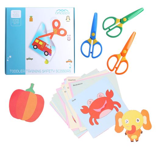 幼児用安全はさみ3本セット-子供向け安全設計知育用練習はさみ&クラフト用紙60枚付き|人間工学に基づい..