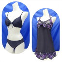 水着 レディース ビキニ 3点セット 9M ワンピース付 a:harena ワイヤービキニ Aライン 花柄 グレー×紫 女性 9号