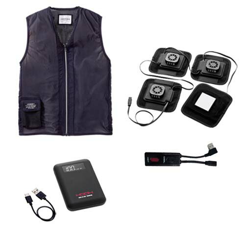 ペルチェベストセット PV111 ブラック 村上被服 HOOH 快適ウェア XXL 大きいサイズ ■ベスト(P119)とペルチェデバイス4個、切替スイッチ(P1882)、専用バッテリー、充電コード(P1883)のセットです。 ■快適ウェアのファンと干渉しない設計。 ■フルハーネスとも干渉しない設計。 ■ペルチェデバイスはマジックテープで固定。 ■スイッチで冷却と暖房を切替え可能。 ■M〜XLとホワイトは別ページにあります。 サイズ　　　M　　　　L　　　　XL　　　　XXL 着丈　　　　54　　　56　　　　59　　　　62 肩幅　　　　34　　　36　　　　39　　　　42 適応胸囲　85〜93　93〜103　103〜113　113〜123 裾廻り　　76〜84　84〜92　　92〜102　102〜112　(cm) カラー：ブラック クールスイッチ　冷却温度差　連続稼働時間 強（赤色点灯）　　-20℃　　　約4時間 中（青色点灯）　　-15℃　　　約5時間 弱（緑色点灯）　　-10℃　　　約6時間 ホットスイッチ　暖房温度差　連続稼働時間 強（赤色点灯）　　+50℃　　　約6時間 中（青色点灯）　　+45℃　　　約8時間 弱（緑色点灯）　　+40℃　　　約10時間 ※在庫の動きが大きい商品となっております。 　メーカーの在庫がなくなりますと今季生産終了となります。 ※商品は予告無くメーカー都合により、商品仕様形状が一部変更になる場合があります。 　すみやかな改定を心がけておりますが、ご了承下さい。 ※基本、キャンセル・返品・交換をお受けいたしかねます。ペルチェベストセット PV111 ブラック 村上被服 HOOH 快適ウェア XXL 大きいサイズ