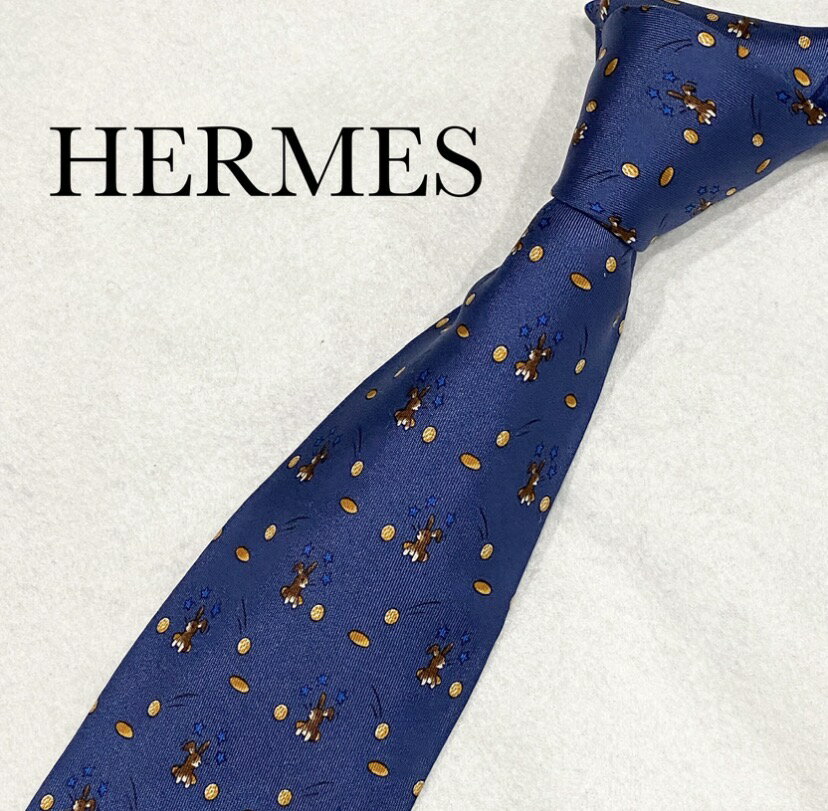 【訳あり】ネクタイ ブランド エルメス HERMES ブランドネクタイ 中古 結婚式 ハイブランド 高級 おしゃれ かわいい シルク100% ネイビー うさぎ ラビット オシャレ シルク100パーセント シルク 入学式 卒業式 入園式 卒園式 社会人 新成人 仕事 ビジネス【中古】