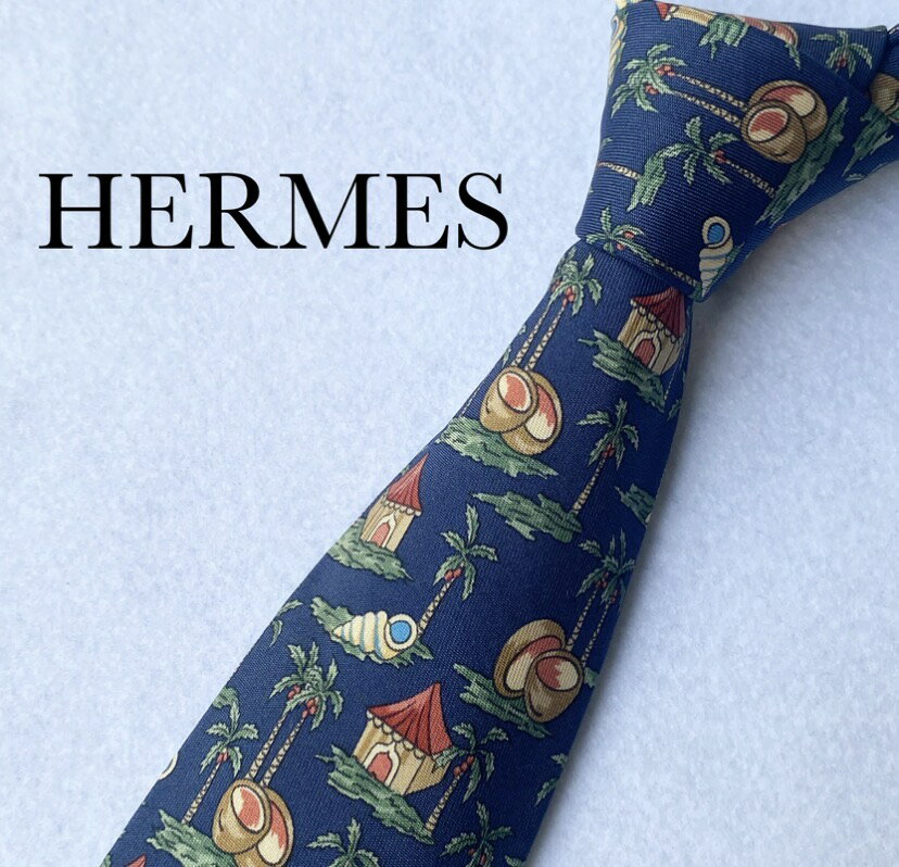 樂天商城 - ネクタイ ブランド エルメス HERMES ブランドネクタイ 中古 結婚式 ハイブランド 高級 おしゃれ かわいい シルク100% 南国 ココナッツ ネイビー オシャレ シルク100パーセント シルク 入学式 卒業式 入園式 卒園式 社会人 新成人 仕事 ビジネス【中古】
