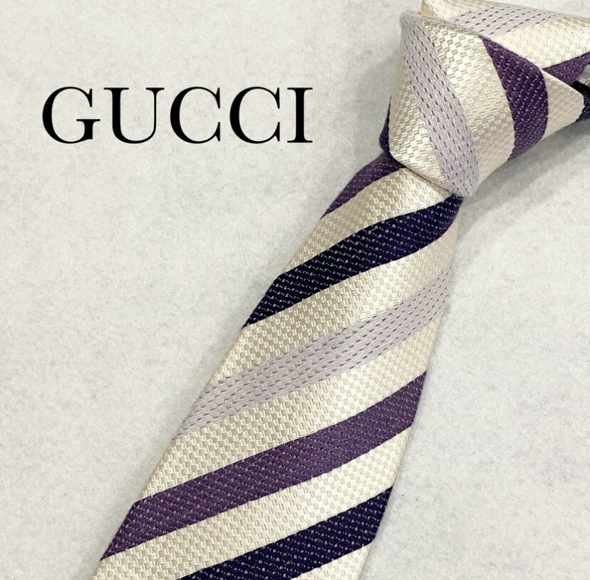 gucci///////////////\\\' - ネクタイ ブランド 中古 グッチ GUCCI ホワイト パープル ストライプ ブランド ブランドネクタイ 結婚式 高級 おしゃれ シルク100% オシャレ シルク100パーセント シルク 入学式 卒業式 入園式 卒園式 社会人 新成人 仕事 ビジネス【中古】