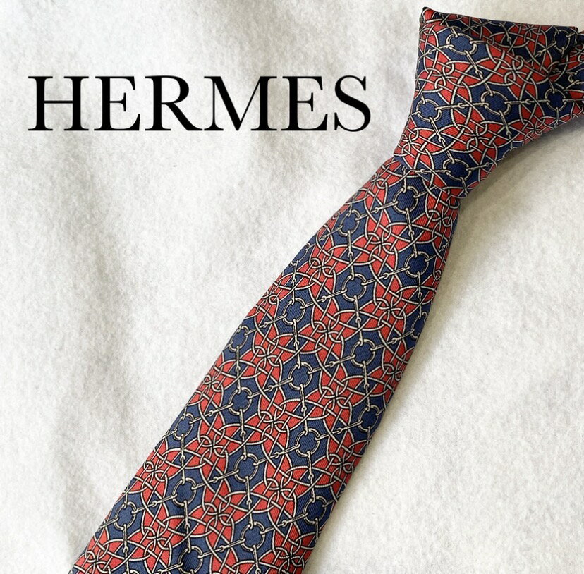 Rakuten - ネクタイ ブランド エルメス レッド ネイビー HERMES ブランドネクタイ 中古 幾何学柄 チェーン 結婚式 ハイブランド 高級 おしゃれ かわいい シルク100% オシャレ シルク100パーセント シルク 入学式 卒業式 入園式 卒園式 社会人 新成人 仕事 ビジネス【中古】