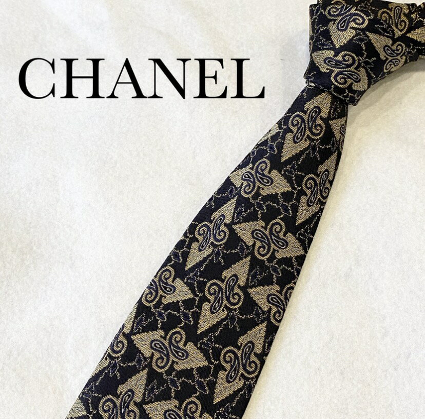 Rakuten - ネクタイ CHANEL ブランドネクタイ 中古 メンズ ネイビー ゴールド 総柄 ビジネス フォーマル 紳士 シャネル ハイブランド 結婚式 高級 おしゃれ シルク100% オシャレ シルク100パーセント シルク 入学式 卒業式 社会人 新成人 仕事【中古】