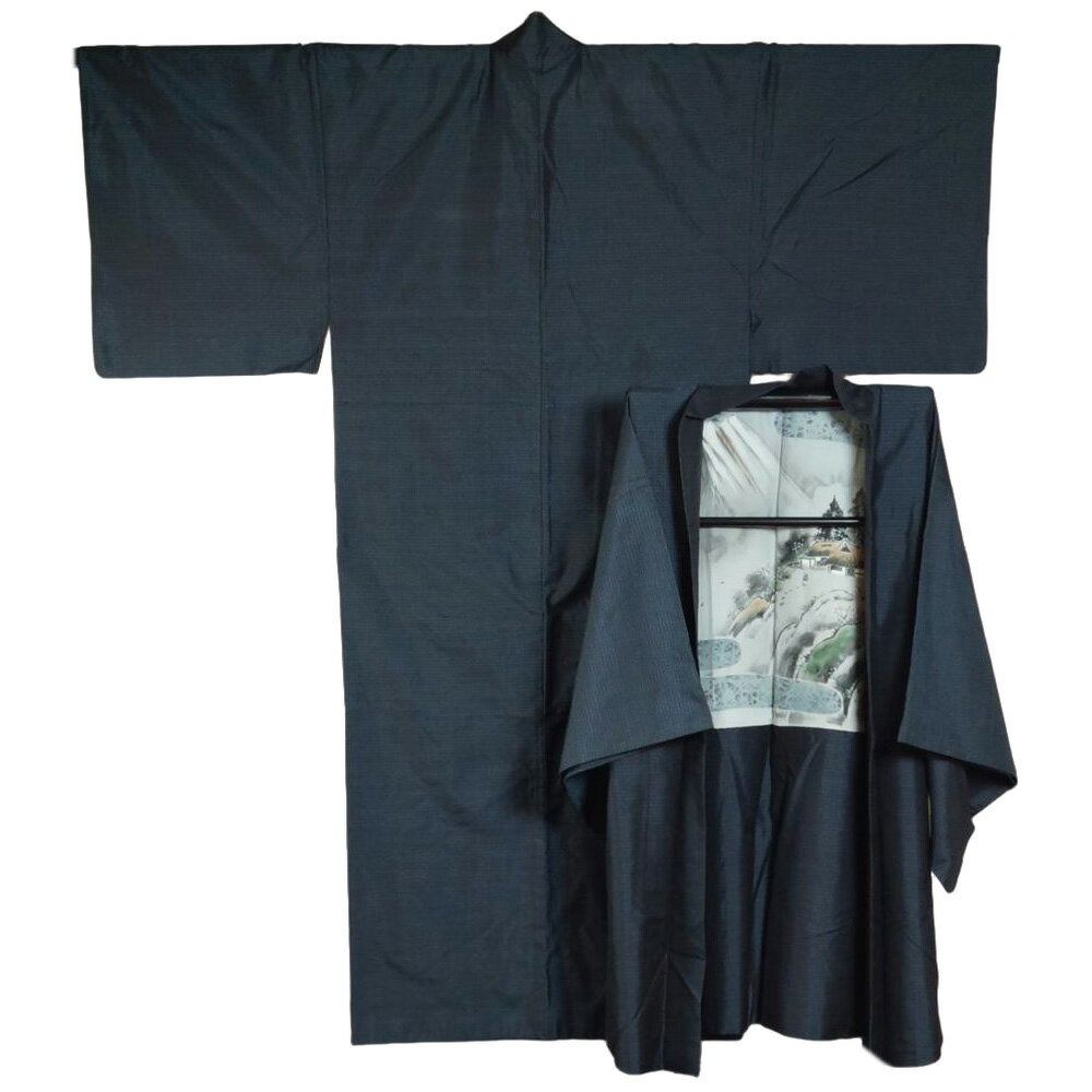 男着物 大島紬 アンサンブル 着物・羽織 亀甲模様 Mサイズ 藍染 【送料無料 男着物 中古 紬 大島紬 大島 紬 正絹 メンズ 着物 メンズ着物 アウトレット 着物 リサイクル着物 男物 】