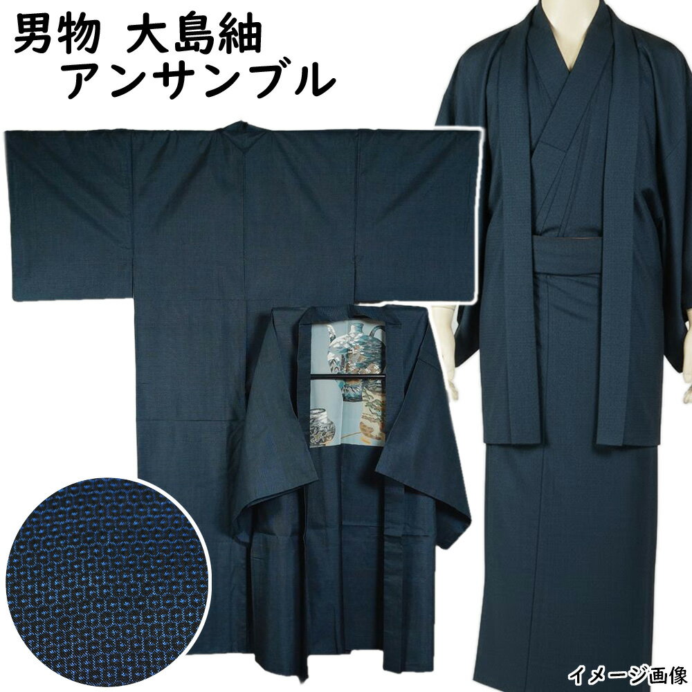 男着物 大島紬 アンサンブル 着物・羽織 亀甲模様 Lサイズ 藍染 【送料無料 男着物 中古 紬 大島紬 大島 紬 正絹 メンズ 着物 メンズ着物 アウトレット 着物 リサイクル着物 男物 】