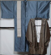 男着物アンサンブル新品Lサイズ焦茶色系の羽織×藍色系の着物×羽織紐×角帯4点セット【送料無料】プレタ着物ポリエステル100%洗える着物メンズ和服男紳士着物セット【メンズ着物和服男着物男きもの男着物男性リサイクル着物羽織男物】y