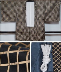 男着物アンサンブル新品Lサイズ焦茶色系の羽織×藍色系の着物×羽織紐×角帯4点セット【送料無料】プレタ着物ポリエステル100%洗える着物メンズ和服男紳士着物セット【メンズ着物和服男着物男きもの男着物男性リサイクル着物羽織男物】y