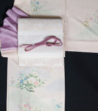 夏着物セット新品絽の訪問着と絽の袋帯、帯揚げ・帯締め4点セット手描き友禅裄長トールサイズ遠山に春秋百花模様薄桜色訪問着夏着物絽薄物【送料無料】【夏訪問着正絹単衣訪問着セット訪問着袋帯帯揚げ帯締め結婚式購入販売など】