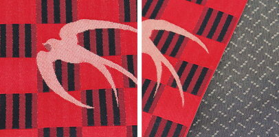 半幅帯リバーシブル新品(2)市松にツバメ×幾何学模様赤色系全通日本製【半幅帯小袋帯細帯半巾帯細帯浴衣帯帯レディース普段着小紋紬カジュアルウール着物リサイクル着物浴衣お稽古踊り半幅帯リバーシブル洗える帯化繊正絹など】