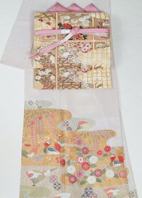 京友禅訪問着セット松井青々刺繍の訪問着と未使用品袋帯、帯揚げ、帯締めの4点セット五三の桐紋正絹★送料無料【中古】【リサイクル着物・リサイクル訪問着・付下げ・着物】