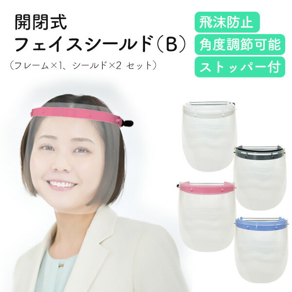 【送料無料】 フェイスシールド （B）フレーム1個シート2枚セット 開閉式 フェイスガード 保護シールド フェイスカバー 飛沫防止 水洗い可能 男女兼用 可動式 ストッパー付き フェースシールド