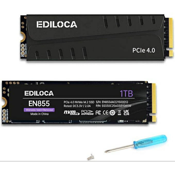 ● Ediloca EN855 SSD ヒートシンク付き 1TB PCIe Gen4x4 NVMe M.2 2280 PS5動作確認済み 最大読込: 7400MB/s 最大書き：5400MB/s 3D NAND TLC 内蔵SSD DRAM キャッシュ搭載