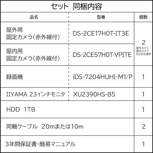 23インチモニター付属 防犯カメラセット 500万画素 ワンケーブルカメラ 2台 屋外 屋内 用 から選択 4chレコーダー HDD1TB付属 FIXレンズ 赤外線付き バレット型 ドーム型 防犯カメラ 遠隔監視可 2