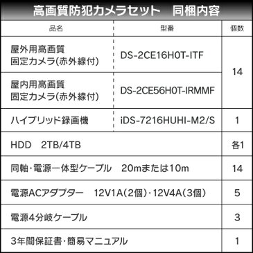 防犯カメラ 監視カメラ 14台 屋外用 屋内用 から選択 防犯カメラセット 監視カメラセット 16ch ハードディスクレコーダー/HDD6TB付属 HD-TVI FIXレンズ 赤外線付き バレット型 ドーム型 カメラ 遠隔監視可