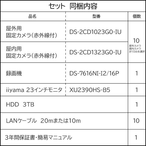 23インチモニター付属 マイク内蔵 ネットワーク 防犯カメラセット 屋外 屋内用 固定 カメラ 10台 選択 16ch POE内蔵 ネットワークレコーダー HDD 3TB 付き 音声 録音 監視カメラセット FIXレンズ 赤外線付き バレット型 ドーム型 ネットワークカメラ IPカメラ 遠隔監視 2