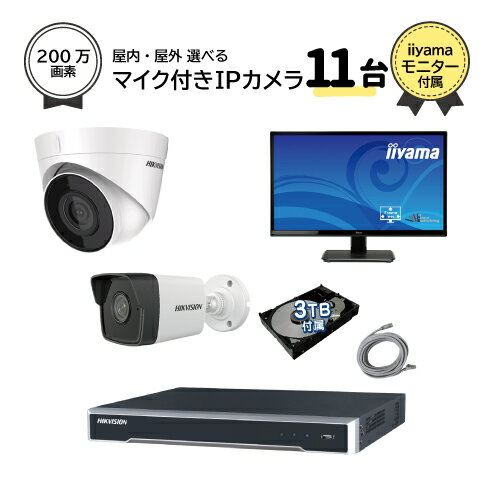 23インチモニター付属 マイク内蔵 ネットワーク 監視カメラセット ! 固定 ネットワークカメラ 11台 屋外 屋内用 から選択、16ch POE電源機能付き ネットワークレコーダー、ケーブル類付属。HDD3TB付属。 世界のHIKVISI...