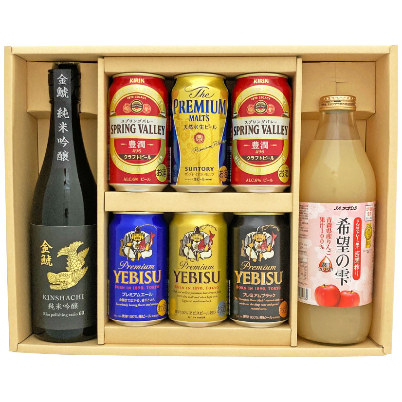 母の日 プレゼント 家族で楽しめる！プレミアムビール＋純米吟醸 金鯱 青森県産りんごストレート100%ジュース 金賞受賞 希望の雫 のギフトセット 誕生日 内祝い 父の日 お供え◆送料無料 ◎+ 1