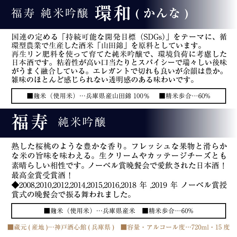 お中元 ギフト お供え 福寿 純米吟醸 飲み比べ 2本ギフトセット 福寿 純米吟醸【環和】(かんな) ＆ 福寿 純米吟醸 (ノーベル賞晩餐会酒) 各720ml【神戸酒心館】誕生日 内祝い 御中元 國酒・日本酒 ◆送料無料対象外地域有