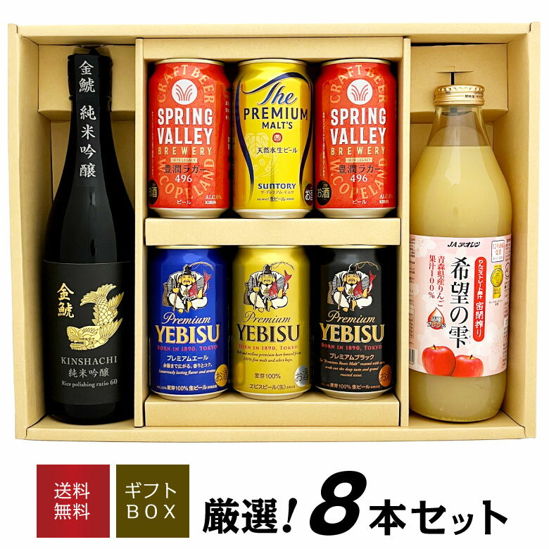 楽天酒食処　　寺津屋誕生日プレゼント 祭り 御祝 家族で楽しめる！ ビール・お酒・ジュース プレミアムビール＋純米吟醸 金鯱 青森県産りんごストレート100％ジュース 金賞受賞 希望の雫 のギフトセット 内祝い お返し お供え ◆送料無料 ◎+