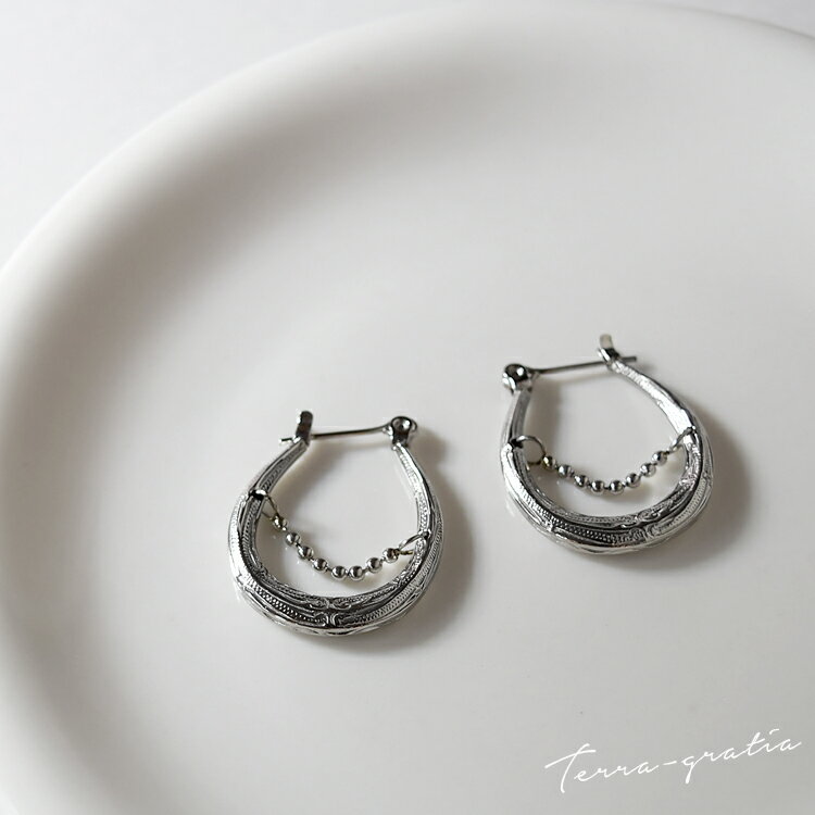 ハワイアンジュエリー ピアス オーバルフープピアス 両耳 金属アレルギー対応 ステンレス レディース キャッチレス スティールシルバーカラー テラグラティア T...