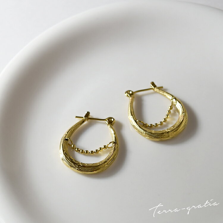 ハワイアンジュエリー ピアス オーバルフープピアス 両耳 金属アレルギー対応 ステンレス レディース キャッチレス イエローゴールドカラー テラグラティア Te...