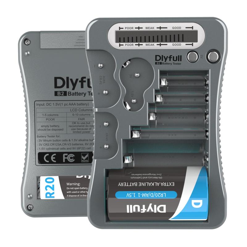 Dlyfull 電池チェッカー 乾電池 LCD液晶画面 バッテリーチェッカー 残量 チェッカー テスター 単1 単2 単3 単4 単5 9Vに対応 バッテリーテスター、1.5V/3Vボタン電池 CR123A CR2 CRV3 2CR5 CRP2 円筒形電