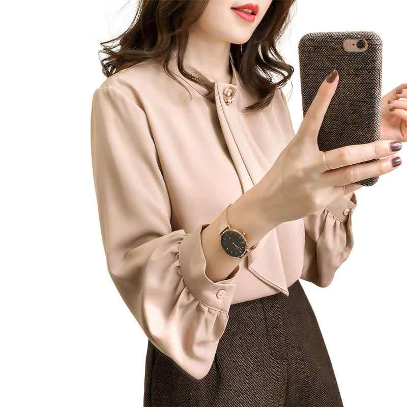 [JFashion] 胸元ボウタイブラウス レディーストップスシャツ ゆったり オフィス 無地 春夏 通勤 大きいサイズ (L, ベージュ)