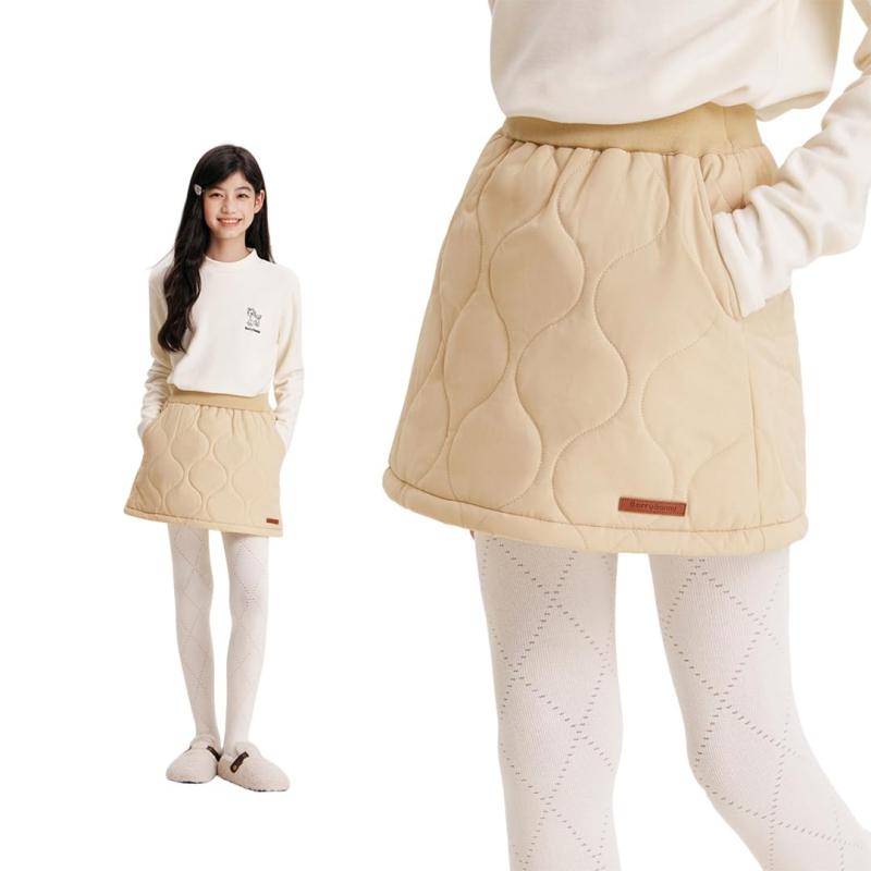 乐天商城 - [Barry Banny] キッズ スカート 冬 子供服 女の子 ポケット付き 中綿入り キルティング Aライン 無地 波紋 可愛い おしゃれ 膝上 ゴムウェスト 通園 通学 普段着 小学生 中学生 120-165cm