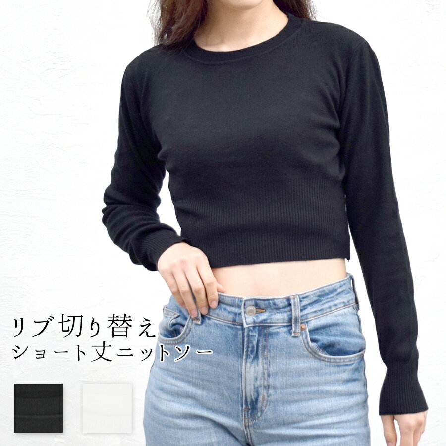 ニットソー レディース トップス 秋冬 長袖 クロップド ニット カットソー ショート丈 ロンT 薄手 リブ 切り替え シンプル 無地 カジュアル コンパクト ...