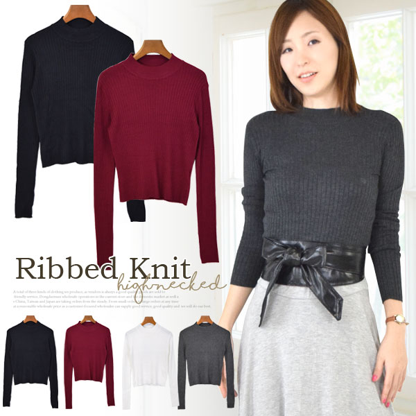 ニット レディース 秋冬 きれいめ ハイネック リブ地 ニットソー トップス セーター 長袖 薄手 シンプル 無地 クロップド ショート丈 ロンT モックネック...