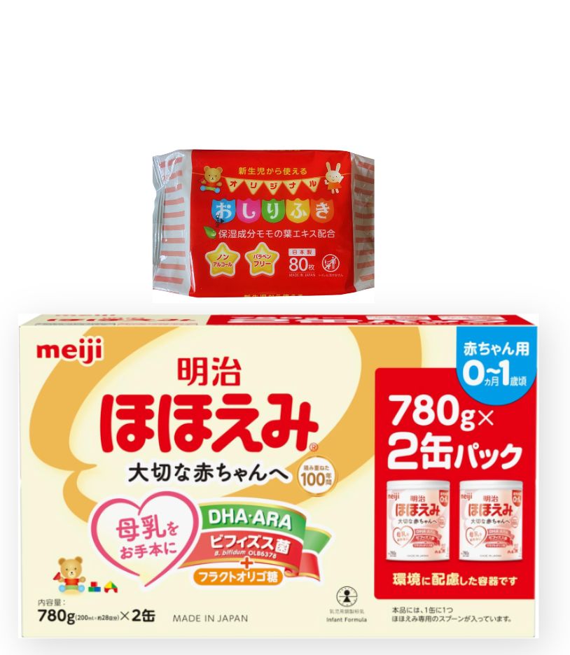 明治 ほほえみ 780g 2缶パック 商品名 明治 ほほえみ 780g 2缶パック JANコード 4902705129566 内容量 780g×2缶 対象年齢 0か月頃～1歳頃まで 商品特徴 ・赤ちゃんに必要な栄養を考えた粉ミルク ・毎日の授乳に使いやすい2缶パック ・ご家庭でのストックにも便利 お召し上がり方 必ず缶記載の説明・使用量を確認し、清潔な器具で調乳してください。 調乳後は適温を確認してから与えてください。 作り置きはせず、飲み残しは与えないでください。 保存方法 直射日光・高温多湿を避けて保存してください。 開缶後はフタをしっかり閉め、なるべく早めにご使用ください。 ご使用上の注意 赤ちゃんの体質・体調により合わない場合は使用を中止し、医師・専門家にご相談ください。 詳細は商品パッケージの表示をご確認ください。 販売者 株式会社 明治 区分 乳児用調製粉乳 原産国 日本