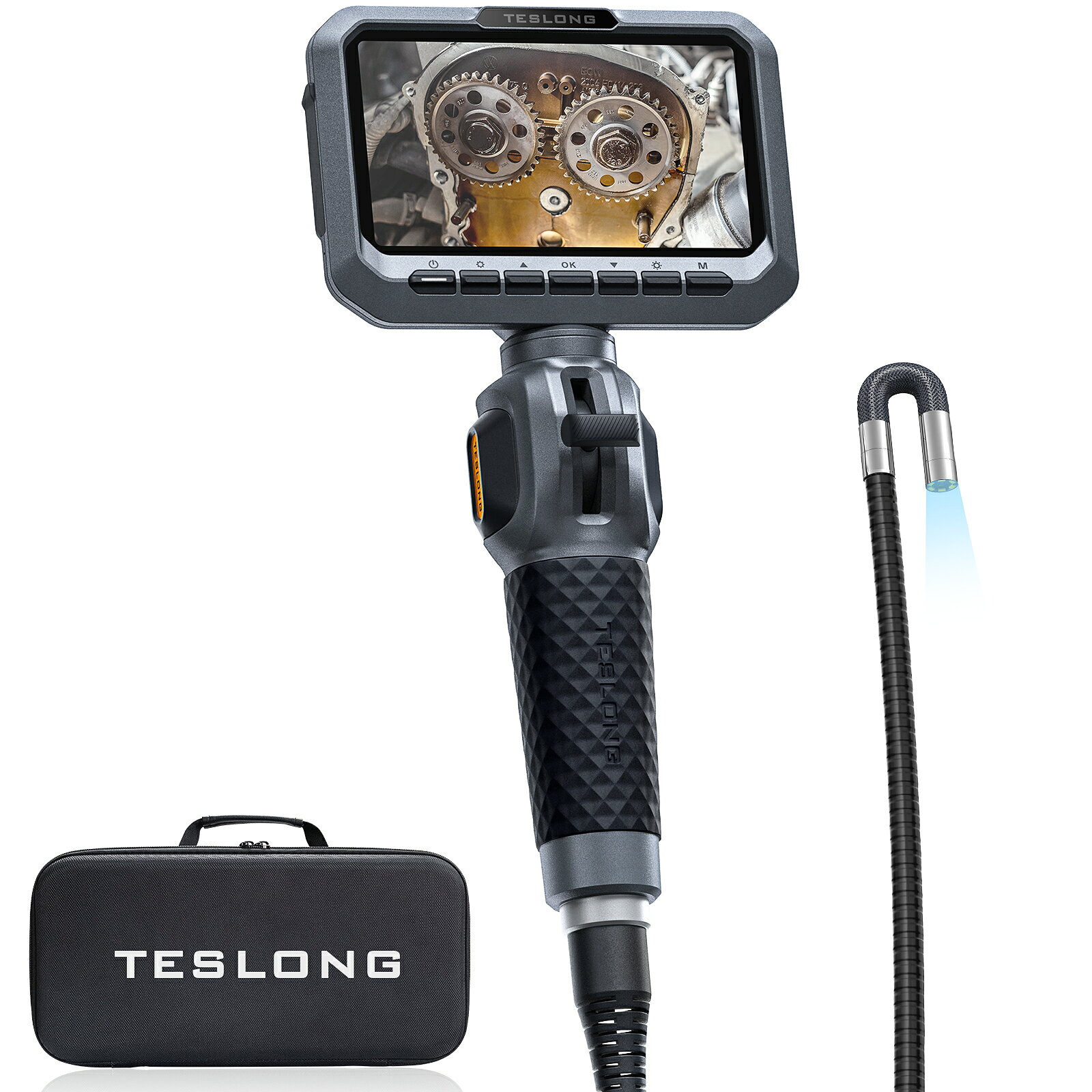 TESLONG INDUSTRIAL ENDOSCOPE 見えない場所を、狙って確認。 5.5mm 先端可動式ファイバースコープ 2方向可動・5インチIPSモニター搭載 自動車整備から設備点検まで幅広く活躍 POINT 01 | 操作性 狭い場所へ、思い通りに。 2方向可動式プローブで、見たい方向へ自在にアプローチ。 5.5mm細径 × 最大210°可動 直径5.5mmの細径カメラと約1.55mのセミリジッドケーブルを採用。狭く複雑な空間でも先端の向きを調整しながら、スムーズに点検できます。 POINT 02 | 視認性 暗い場所も、細部まで鮮明に。 1080P CMOSカメラと高輝度LEDで、見えにくい場所をしっかり確認。 5インチIPS画面・6 LED搭載 見やすい5インチカラー画面を搭載。6個のLEDライトは明るさ調整が可能で、配管内部や機械の隙間など暗い場所の検査をサポートします。 POINT 03 | 使用環境・保護機能 さまざまな現場で活躍。 手の届かない場所の点検から、水気のある環境まで。 約1.55mのセミリジッドケーブル 柔軟性と形状保持力を両立。自動車整備、空調設備、配管など、手の届きにくい場所の点検に便利です。 IP67防水プローブ 水気のある場所や排水設備などの点検にも対応。プローブ部分はIP67の防水性能を備えています。 ※モニター本体は防水ではありません。 温度検知・過熱保護機能 プローブの温度を検知し、高温時には警告を表示。一定温度に達すると自動停止し、過熱による損傷リスクを軽減します。 ※周囲の温度を測定する機能ではありません。 POINT 04 | 撮影・記録 検査結果を、その場で保存。 静止画・音声付き動画の撮影に対応。 32GB microSDカード付属 検査中の写真や音声付き動画を保存できます。現場の状況説明や点検記録の管理にも便利です。USBケーブルでパソコンに接続するだけで、保存した写真や動画を簡単に確認できます POINT 05 | 使いやすさ 取り出して、すぐに使える。 アプリ不要・充電式・持ち運びに便利な設計。 3000mAh・最大約5時間使用可能 大容量充電式バッテリーを内蔵。充電しながらの使用にも対応し、長時間の作業をサポートします。 ※使用時間は使用条件により異なります。 専用キャリングケース付き 本体や付属品をまとめて収納可能。現場への持ち運びや保管にも便利です。 APPLICATION 幅広い点検シーンに対応 自動車・エンジン内部の点検 配管・排水設備の確認 空調設備・ダクト内部の点検 機械設備・住宅設備の検査 製品仕様 カメラ径：5.5mm 先端可動：2方向・最大210° ケーブル長：約1.55m モニター：5インチ IPS カメラ：1080P CMOS 視野角：70° 照明：6 LED・調光可能 防水：IP67（プローブ部分） 撮影：静止画・音声付き動画 メモリー：32GB microSD付属 バッテリー：3000mAh充電式 使用時間：最大約5時間 ご使用上の注意 ・本製品は工業用検査機器です。人体や動物の体内には使用しないでください。 ・可動部を無理に曲げたり、強い力を加えたりしないでください。 ・高温環境での使用は温度警告に注意してください。 ・モニターの発色により、実際の商品と色合いが異なる場合があります。TESLONG INDUSTRIAL ENDOSCOPE 見えない場所を、狙って確認。 5.5mm 先端可動式ファイバースコープ 2方向可動・5インチIPSモニター搭載 自動車整備から設備点検まで幅広く活躍 POINT 01 | 操作性 狭い場所へ、思い通りに。 2方向可動式プローブで、見たい方向へ自在にアプローチ。 5.5mm細径 × 最大210°可動 直径5.5mmの細径カメラと約1.55mのセミリジッドケーブルを採用。狭く複雑な空間でも先端の向きを調整しながら、スムーズに点検できます。 POINT 02 | 視認性 暗い場所も、細部まで鮮明に。 1080P CMOSカメラと高輝度LEDで、見えにくい場所をしっかり確認。 5インチIPS画面・6 LED搭載 見やすい5インチカラー画面を搭載。6個のLEDライトは明るさ調整が可能で、配管内部や機械の隙間など暗い場所の検査をサポートします。 POINT 03 | 使用環境・保護機能 さまざまな現場で活躍。 手の届かない場所の点検から、水気のある環境まで。 約1.55mのセミリジッドケーブル 柔軟性と形状保持力を両立。自動車整備、空調設備、配管など、手の届きにくい場所の点検に便利です。 IP67防水プローブ 水気のある場所や排水設備などの点検にも対応。プローブ部分はIP67の防水性能を備えています。 ※モニター本体は防水ではありません。 温度検知・過熱保護機能 プローブの温度を検知し、高温時には警告を表示。一定温度に達すると自動停止し、過熱による損傷リスクを軽減します。 ※周囲の温度を測定する機能ではありません。 POINT 04 | 撮影・記録 検査結果を、その場で保存。 静止画・音声付き動画の撮影に対応。 32GB microSDカード付属 検査中の写真や音声付き動画を保存できます。現場の状況説明や点検記録の管理にも便利です。USBケーブルでパソコンに接続するだけで、保存した写真や動画を簡単に確認できます POINT 05 | 使いやすさ 取り出して、すぐに使える。 アプリ不要・充電式・持ち運びに便利な設計。 3000mAh・最大約5時間使用可能 大容量充電式バッテリーを内蔵。充電しながらの使用にも対応し、長時間の作業をサポートします。 ※使用時間は使用条件により異なります。 専用キャリングケース付き 本体や付属品をまとめて収納可能。現場への持ち運びや保管にも便利です。 APPLICATION 幅広い点検シーンに対応 自動車・エンジン内部の点検 配管・排水設備の確認 空調設備・ダクト内部の点検 機械設備・住宅設備の検査 製品仕様 カメラ径：5.5mm 先端可動：2方向・最大210° ケーブル長：約1.55m モニター：5インチ IPS カメラ：1080P CMOS 視野角：70° 照明：6 LED・調光可能 防水：IP67（プローブ部分） 撮影：静止画・音声付き動画 メモリー：32GB microSD付属 バッテリー：3000mAh充電式 使用時間：最大約5時間 ご使用上の注意 ・本製品は工業用検査機器です。人体や動物の体内には使用しないでください。 ・可動部を無理に曲げたり、強い力を加えたりしないでください。 ・高温環境での使用は温度警告に注意してください。 ・モニターの発色により、実際の商品と色合いが異なる場合があります。