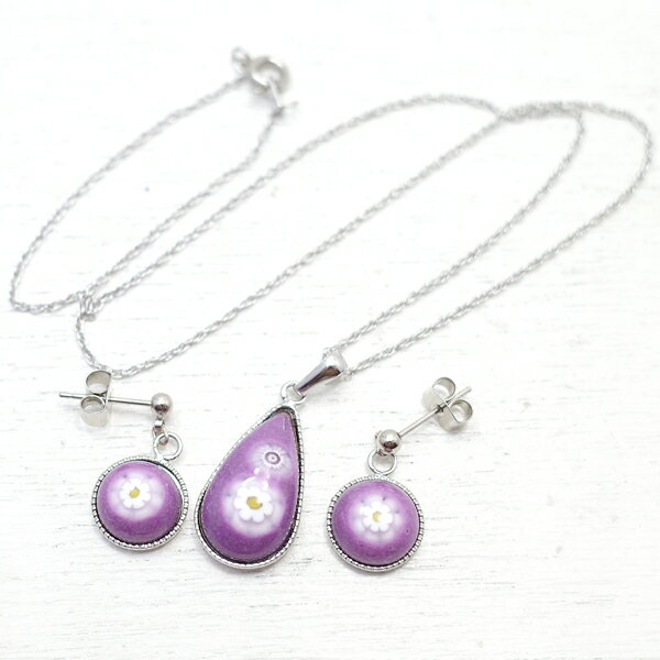 Rhinestone - 七宝ミルフィオリのピアス・ペンダントセット[パープル] ハンドメイド 作家 アクセサリー 七宝焼き ミルフィオリ ベネチアンガラス