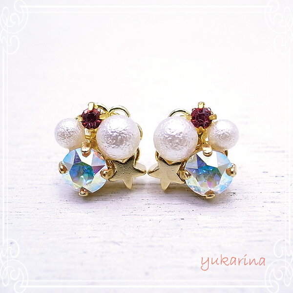 【yukarina】クリスタルオーロラ×TWNシュガーパール×プチピンクのビジューピアス ハンドメイド　アクセサリー　t-bs003