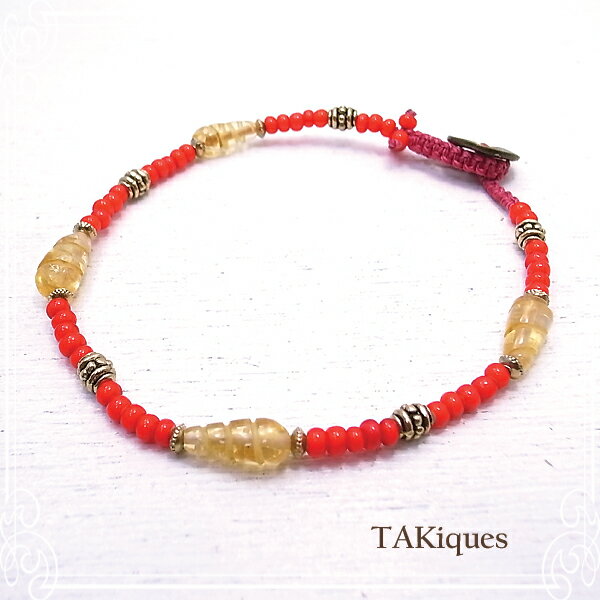 【TAKiques】アンティークガラスビーズ&シトリンアンクレット アンティークビーズ/ガラス/天然石/ネックレス/ビンテージ de-74-tq-007