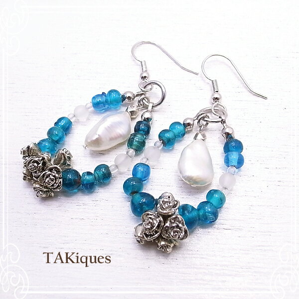 Rakuten - 【TAKiques】アンティークガラスビーズ＆パールピアス アンティークビーズ/ガラス/天然石/ピアス/ビンテージ de-74-tq-043